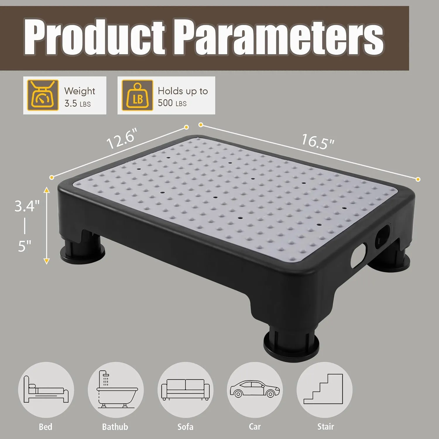 CHIKILLA Adjustable Step Stool for Adults Kids and Senior, Non-Slip Step Platform Indoor and Outdoor for Pregnant Woman, Portable Stair Assist for Kitchen Car Bedside and Shower, Black-Black, 3.4-5In
