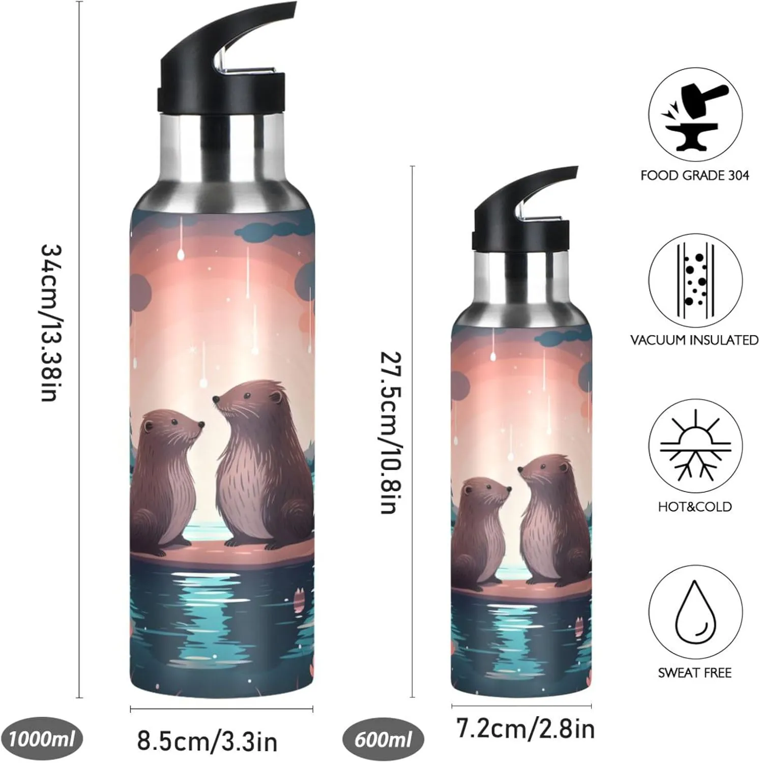 Children Cartoon Beaver Sport Water Bottle Insulated Stainless Steel Large Vacuum Flask Leak Proof Thermos with Straw for Travel(600ml/1000ml)
