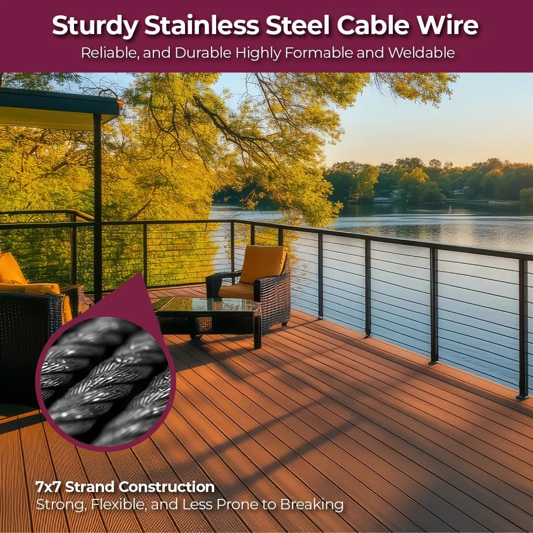 CHR 500 ft 1/8" T316 Stainless Steel Cable Railing 7x7 Strands Indoor Outdoor Wire Rope for Deck Railing, Aircraft Cable, Cable Railing Kit, Stainless Steel Cable, Steel Wire for Cable Railing System