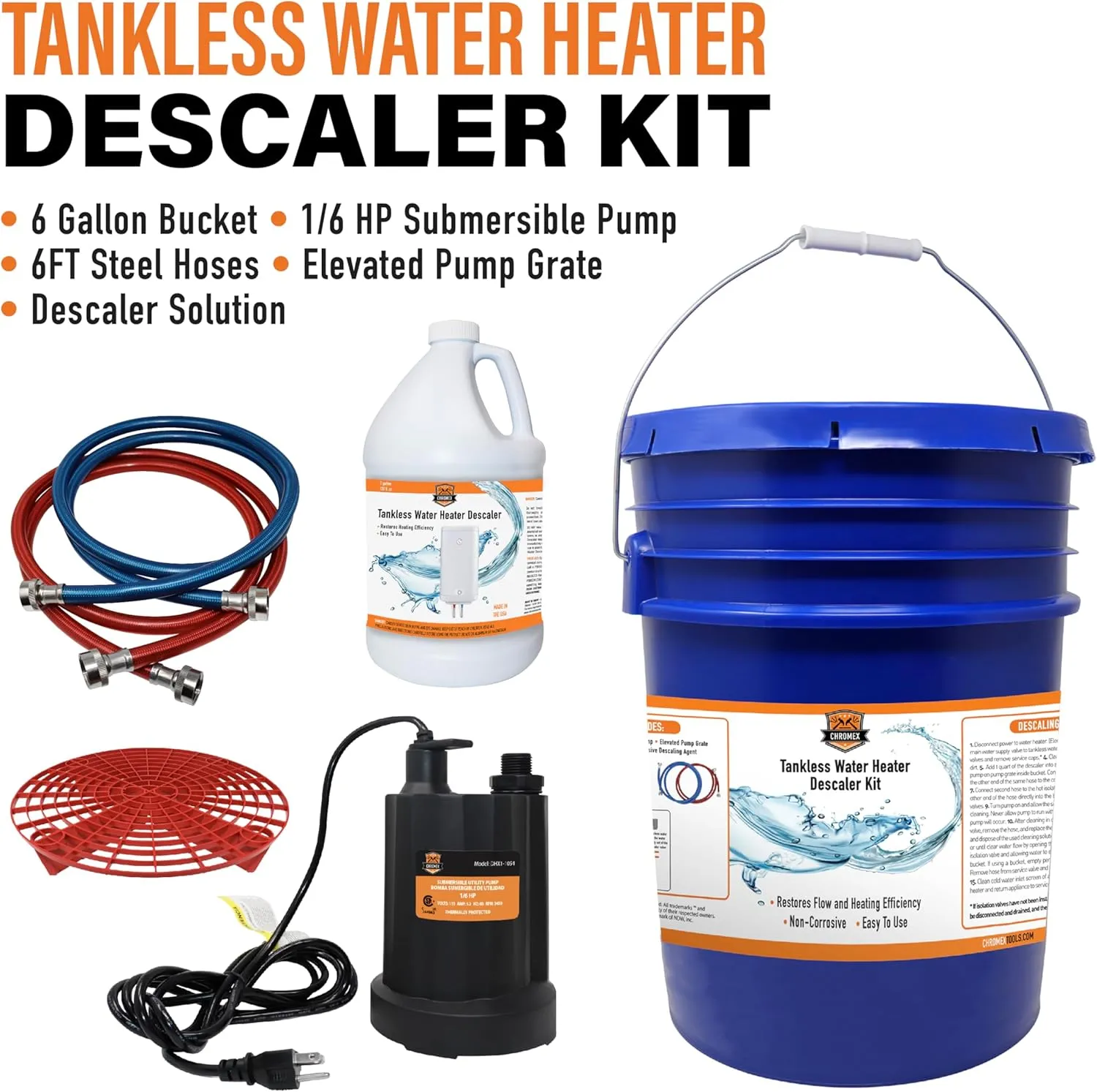 Chromex Tankless Water Heater Flush Kit with Gallon Liquid Descaling Solution and 1/6HP Extra Strength Pump
