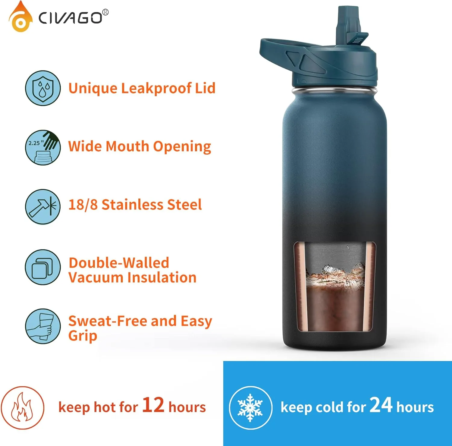 CIVAGO Gallon Insulated Water Bottle Jug with Straw, 128 oz Large Stainless Steel Water Flask, Big Metal Thermal Mug with 3 Lids for Sports, Travel, Gym, and Camping, Dark Rainbow