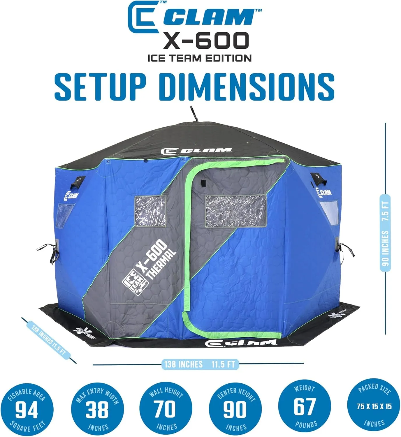 CLAM Portable Fishing Angler Thermal Hub Shelter Tent with Anchor Straps, Carrying Bag