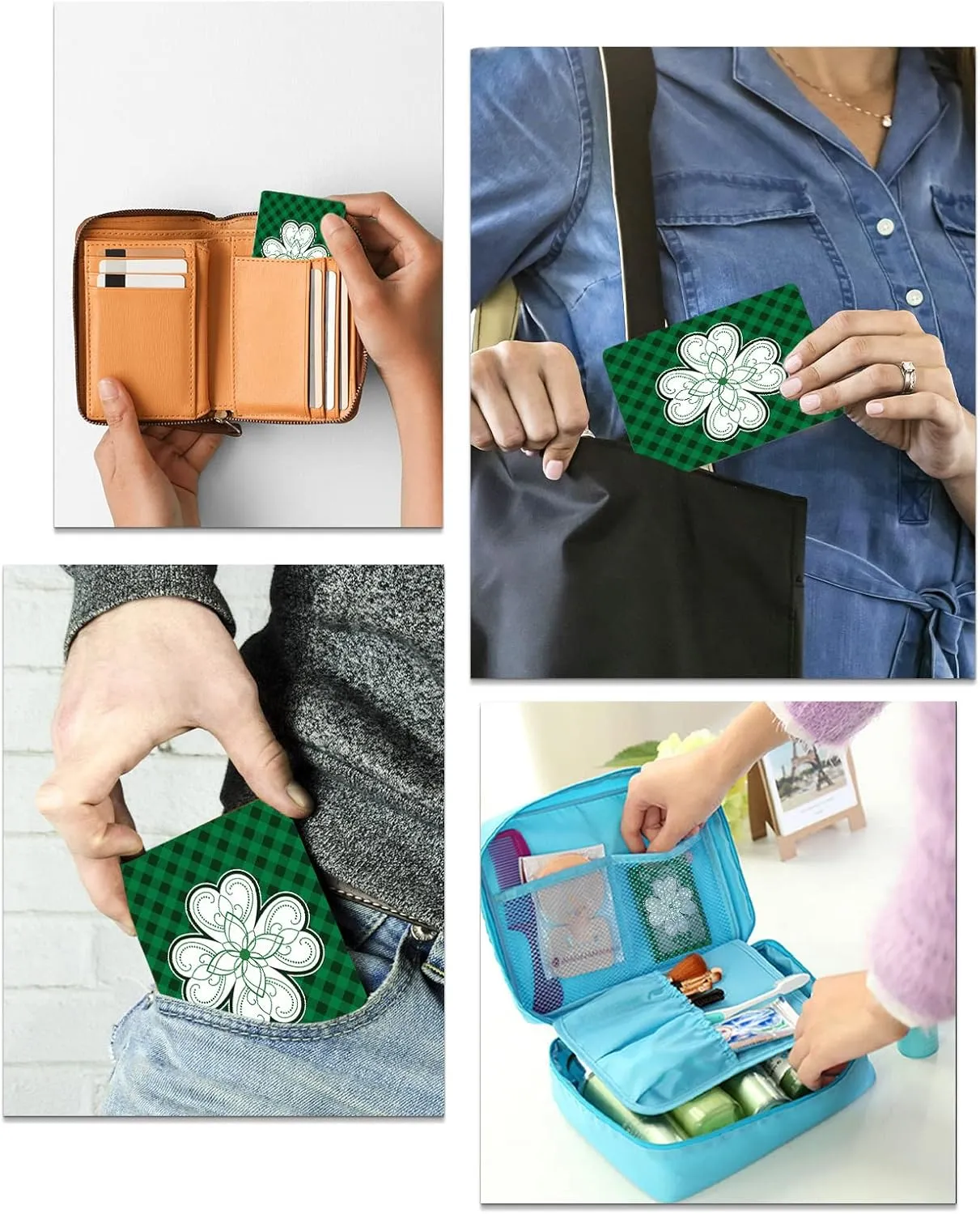 Close-up Lucky Clovers Saint Patrick Day Compact Mirror Bulk Mini Card Mirror, Green Checkered Backdrop Small Compact Mirror for Purse, Rectangular Handheld Pocket Makeup Mirror