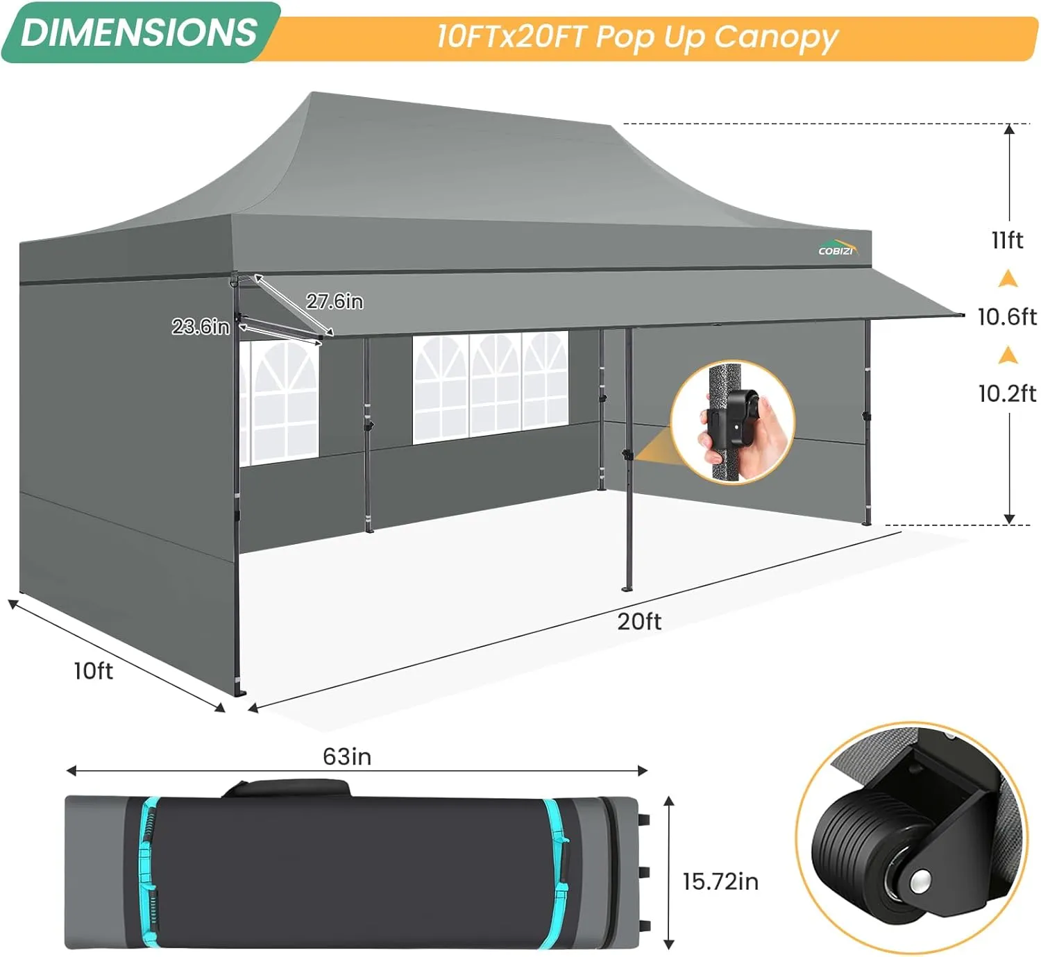 COBIZI 10x20 Pop up Canopy Tent with Awning and Sidewalls, Heavy Duty Commercial Instant Tents for Market, Outdoor Events, Gray