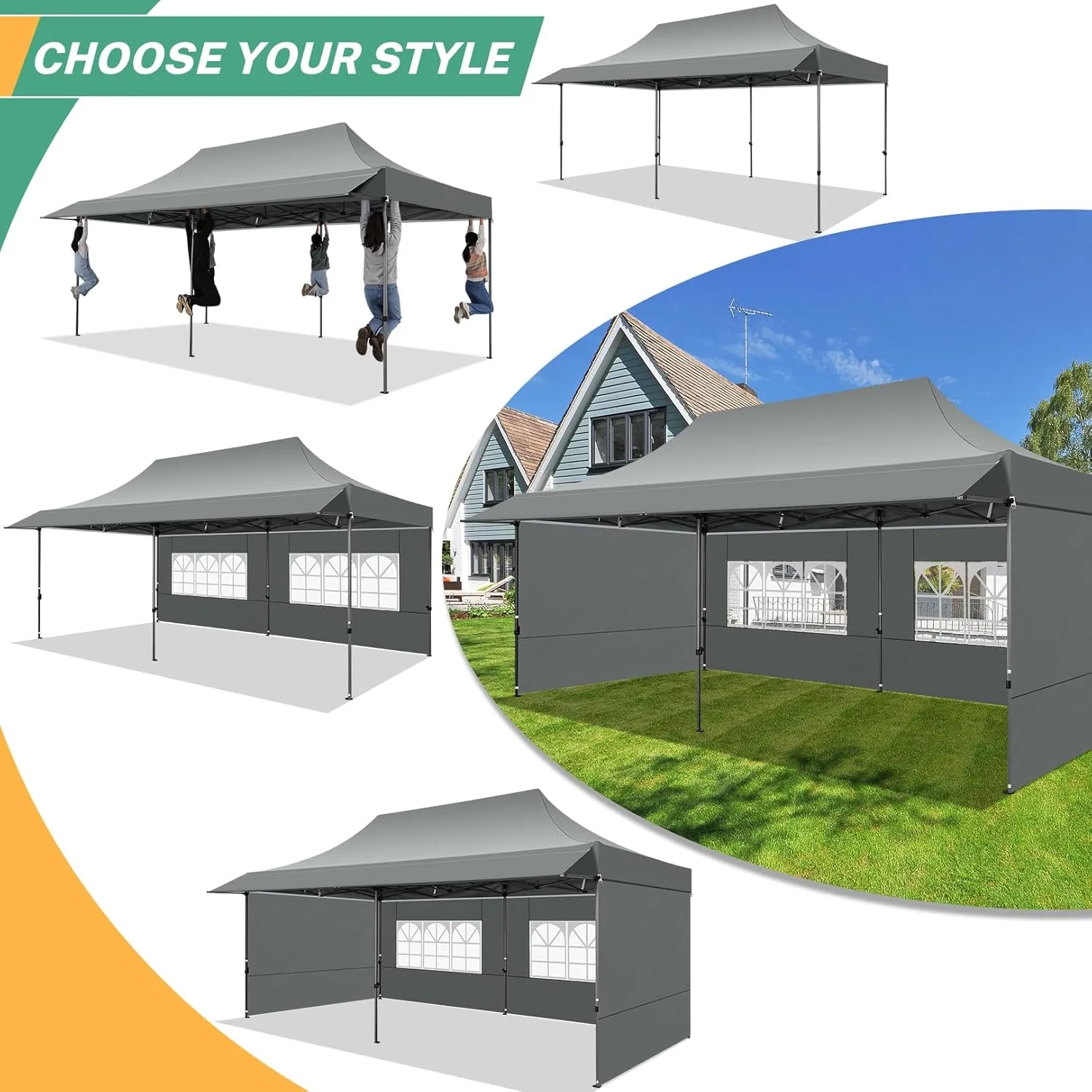 COBIZI 10x20 Pop up Canopy Tent with Awning and Sidewalls, Heavy Duty Commercial Instant Tents for Market, Outdoor Events, Gray