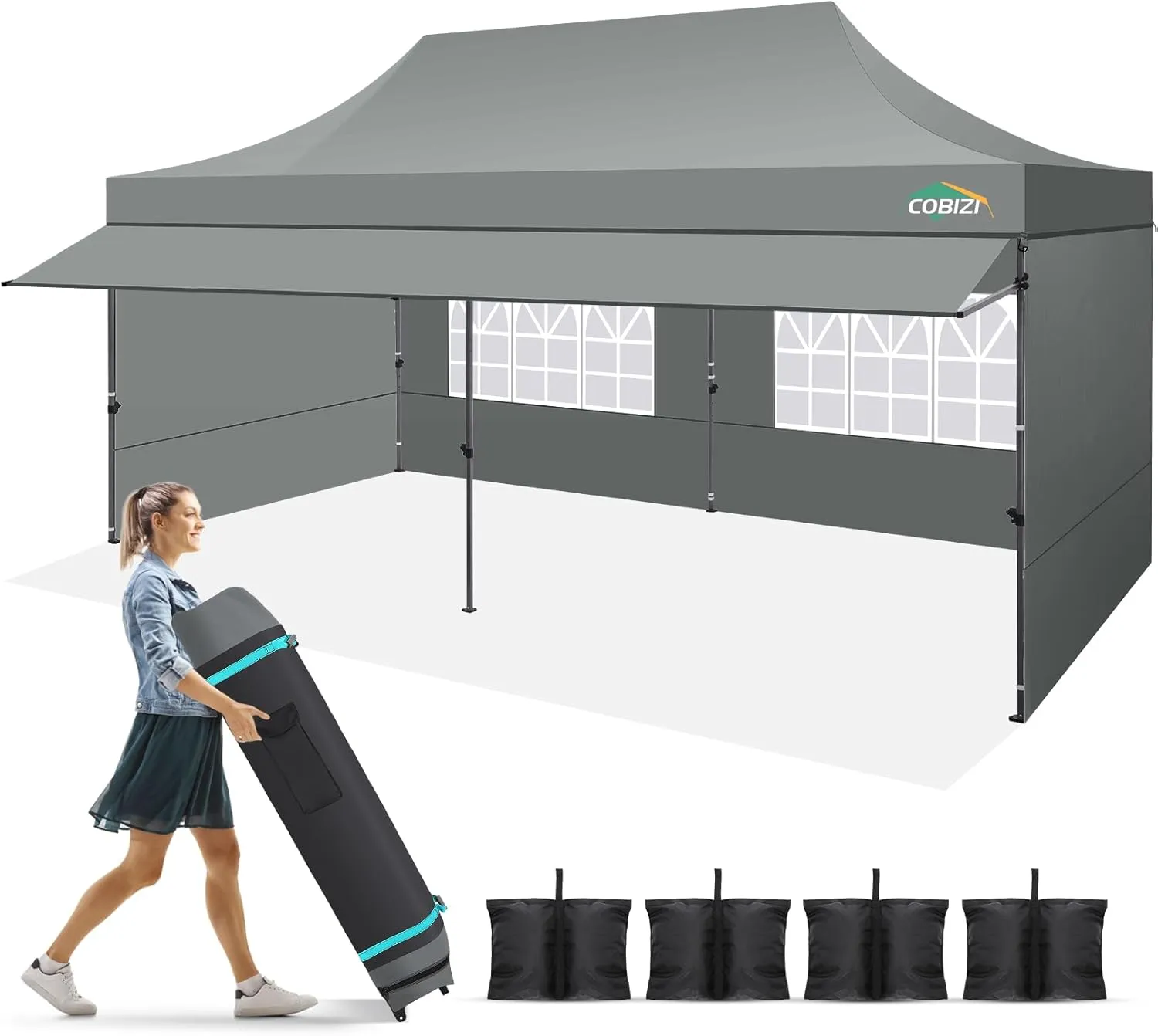 COBIZI 10x20 Pop up Canopy Tent with Awning and Sidewalls, Heavy Duty Commercial Instant Tents for Market, Outdoor Events, Gray