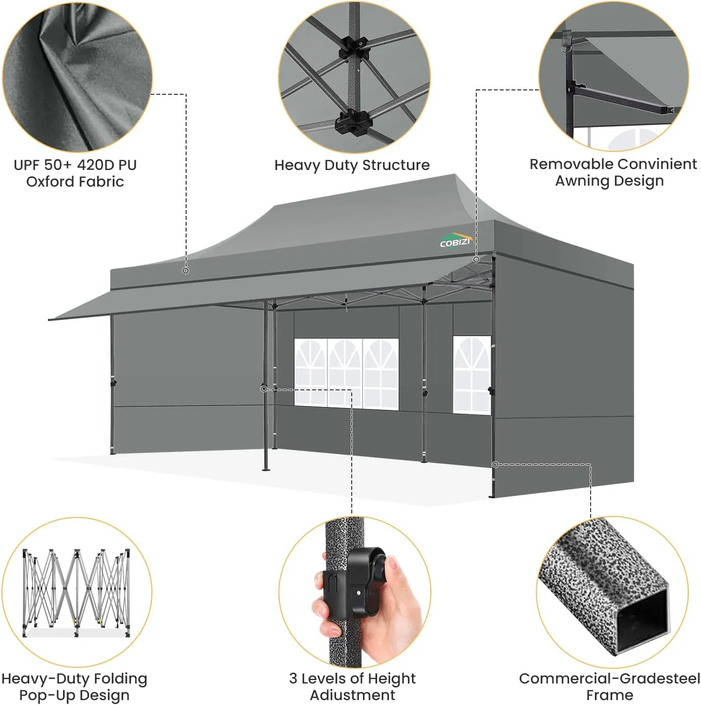 COBIZI 10x20 Pop up Canopy Tent with Awning and Sidewalls, Heavy Duty Commercial Instant Tents for Market, Outdoor Events, Gray