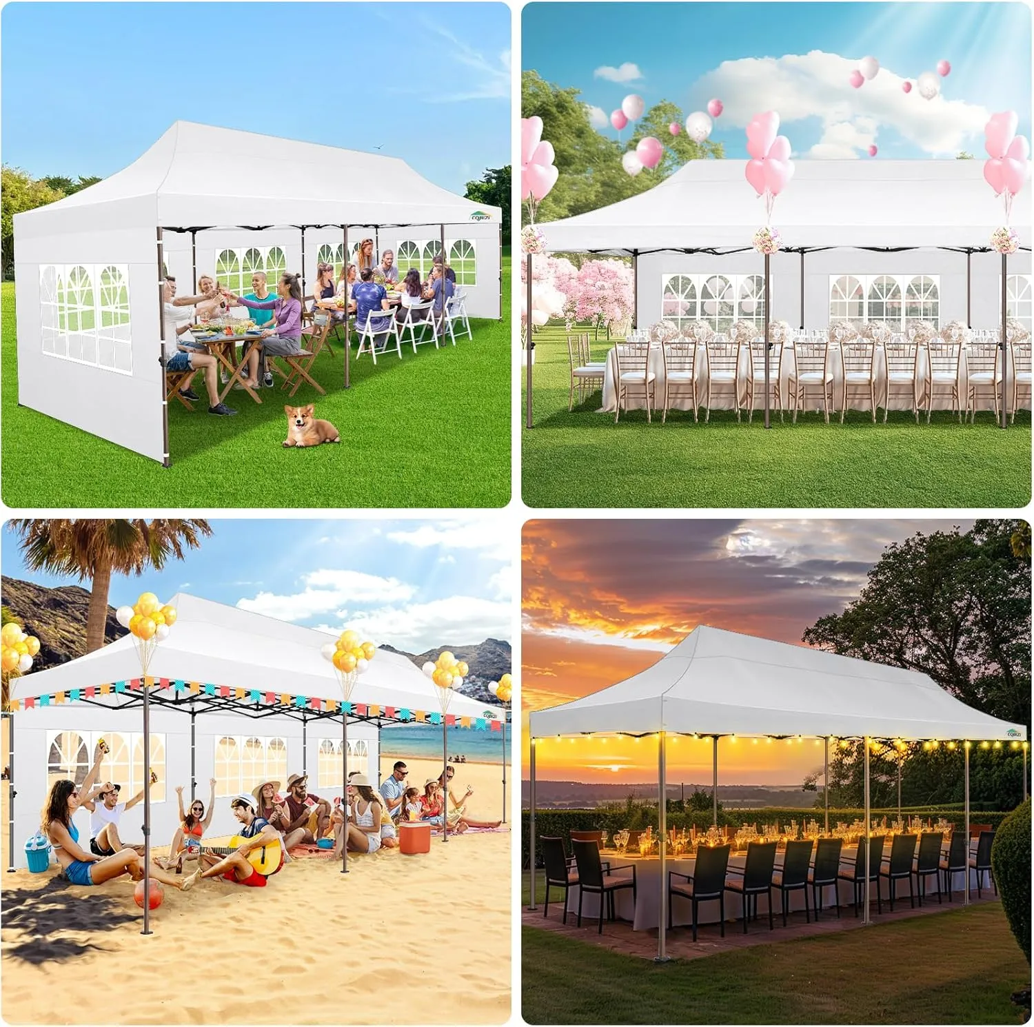 COBIZI 10x30 Pop up Heavy Duty Canopy Tent with 8 Sidewalls, Commercial Outdoor Gazebo, Easy Setup Event Party Tent for Wedding Waterproof & UV50 ,4.0 Hexagonal Thickened Legs with Hand Bags(White)