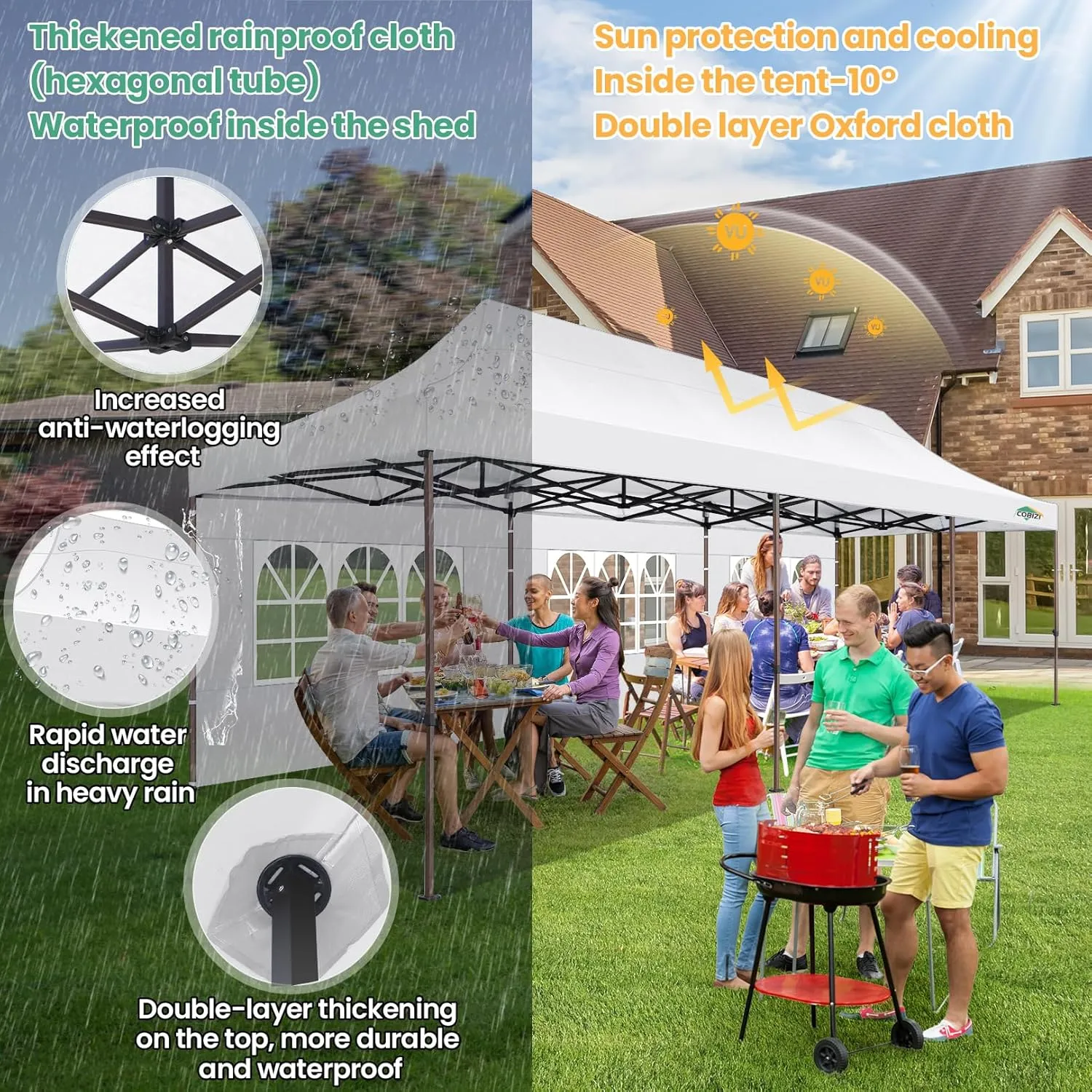 COBIZI 10x30 Pop up Heavy Duty Canopy Tent with 8 Sidewalls, Commercial Outdoor Gazebo, Easy Setup Event Party Tent for Wedding Waterproof & UV50 ,4.0 Hexagonal Thickened Legs with Hand Bags(White)