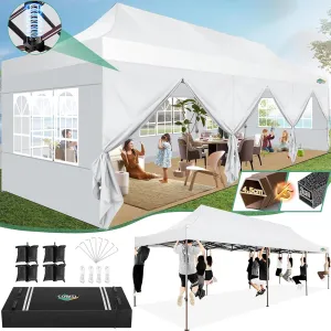 COBIZI 10x30 Pop up Heavy Duty Canopy Tent with 8 Sidewalls, Commercial Outdoor Gazebo, Easy Setup Event Party Tent for Wedding Waterproof & UV50 ,4.0 Hexagonal Thickened Legs with Hand Bags(White)