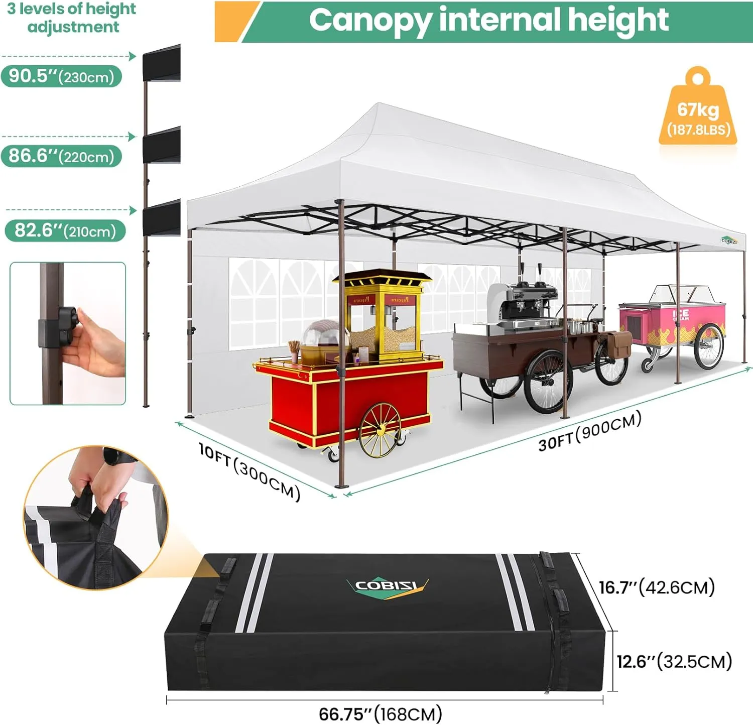 COBIZI 10x30 Pop up Heavy Duty Canopy Tent with 8 Sidewalls, Commercial Outdoor Gazebo, Easy Setup Event Party Tent for Wedding Waterproof & UV50 ,4.0 Hexagonal Thickened Legs with Hand Bags(White)