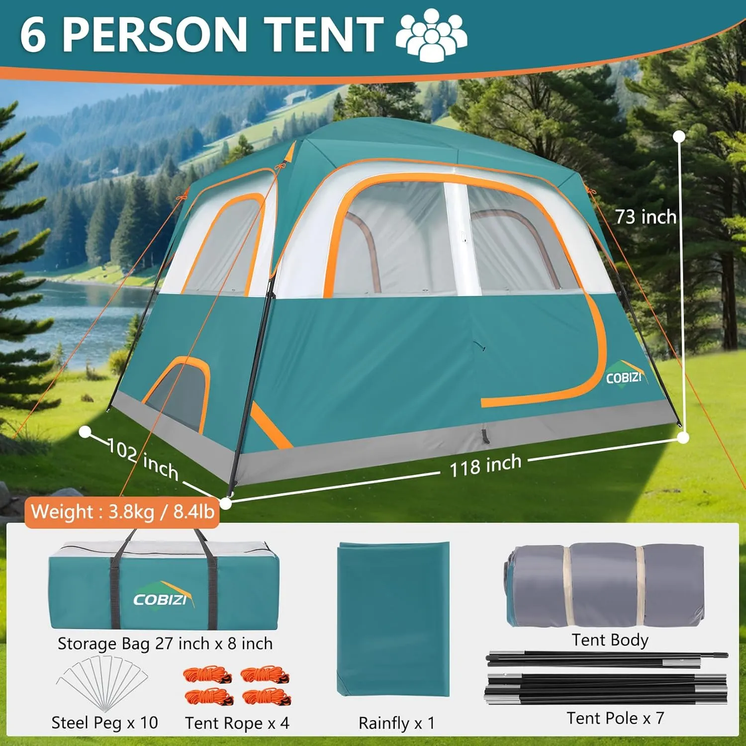 COBIZI 4/6 Person Tent for Camping Waterproof PU-Coated with Removable Rainfly, Easy Setup Family Tent with Large Mesh Windows, 3 Season Portable Dome Tent for Outdoor, Scouts, Hiking & Traveling