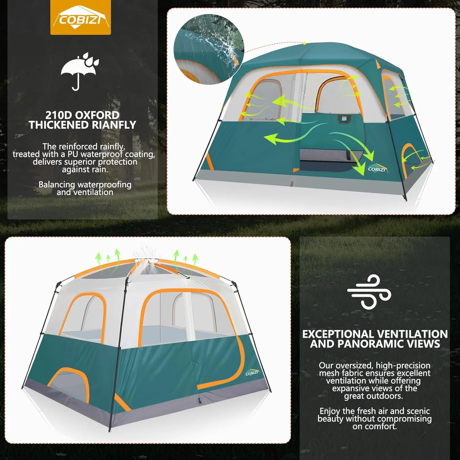 COBIZI 4/6 Person Tent for Camping Waterproof PU-Coated with Removable Rainfly, Easy Setup Family Tent with Large Mesh Windows, 3 Season Portable Dome Tent for Outdoor, Scouts, Hiking & Traveling