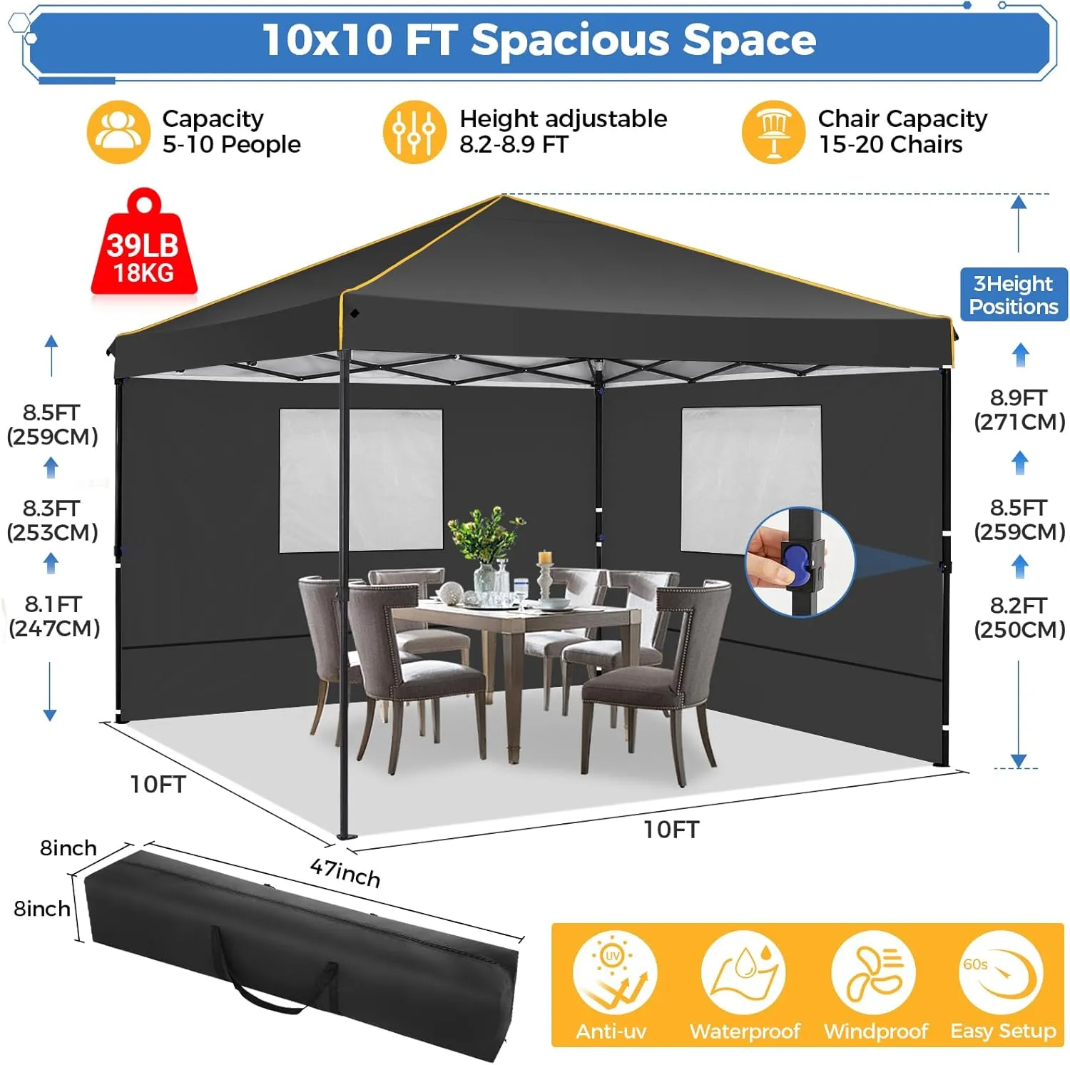 COBIZI Canopy Tent, 10x10 Pop Up Canopy Tent with Sidewalls and Roll-up Ventilated Windows with Mosquito net, Ez Outdoor Commercial Instant Gazebo Tent for Party Waterproof with Carrybag
