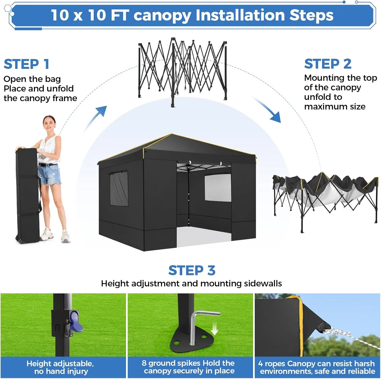 COBIZI Canopy Tent, 10x10 Pop Up Canopy Tent with Sidewalls and Roll-up Ventilated Windows with Mosquito net, Ez Outdoor Commercial Instant Gazebo Tent for Party Waterproof with Carrybag