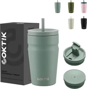 COKTIK 16oz Insulated Tumbler with Lid and Straw 2 Lids (Straw/Flip) Iced Coffee Cup Reusable Stainless Steel Travel Mug Water Bottle Cupholder Friendly for Women Men Her Him (Bay Leaf)