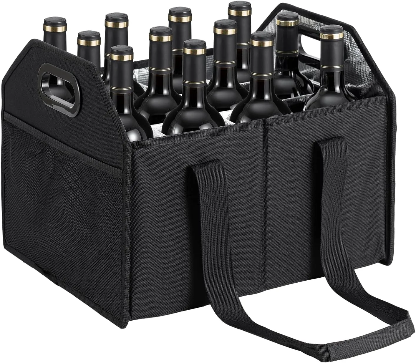 Collapsible 12 Bottle Wine Carrier - Reusable Portable Storage Box for Tote Bag, Moving, Vacation, Bottle Caddy, Grocery Shopping, Wine Tasting (Black)