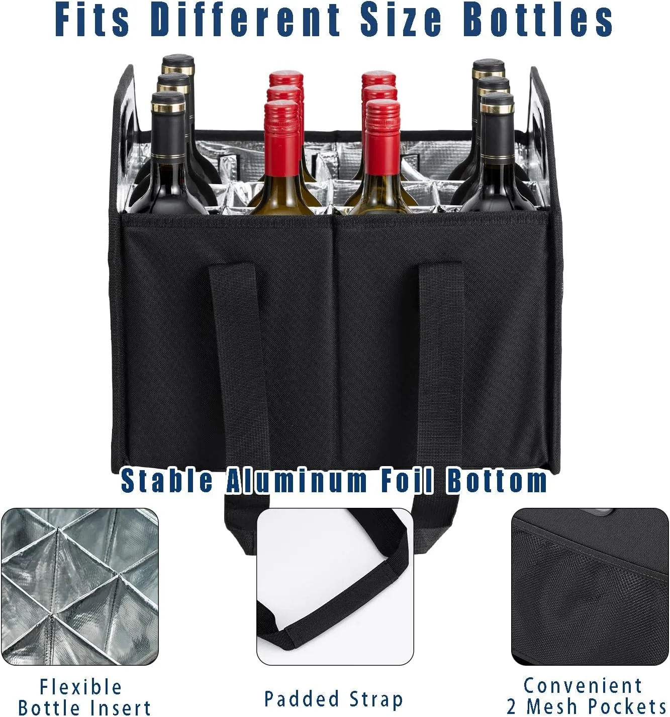 Collapsible 12 Bottle Wine Carrier - Reusable Portable Storage Box for Tote Bag, Moving, Vacation, Bottle Caddy, Grocery Shopping, Wine Tasting (Black)