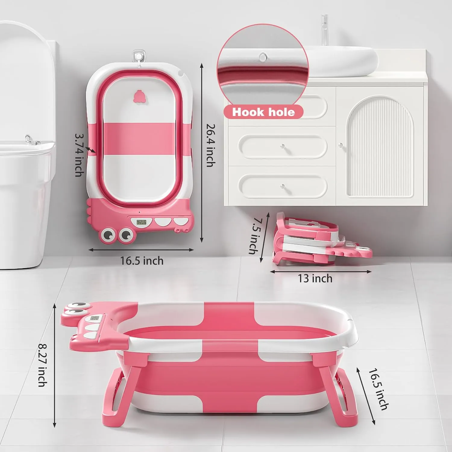 Collapsible Baby Bathtub for Newborn, Foldable Baby Bath Tub with Thermometer & Soft Floating Cushion & Drain Hole, Portable Travel Infant Bath Tubs for Newborns to Toddler 0-36 Months Girl, Pink