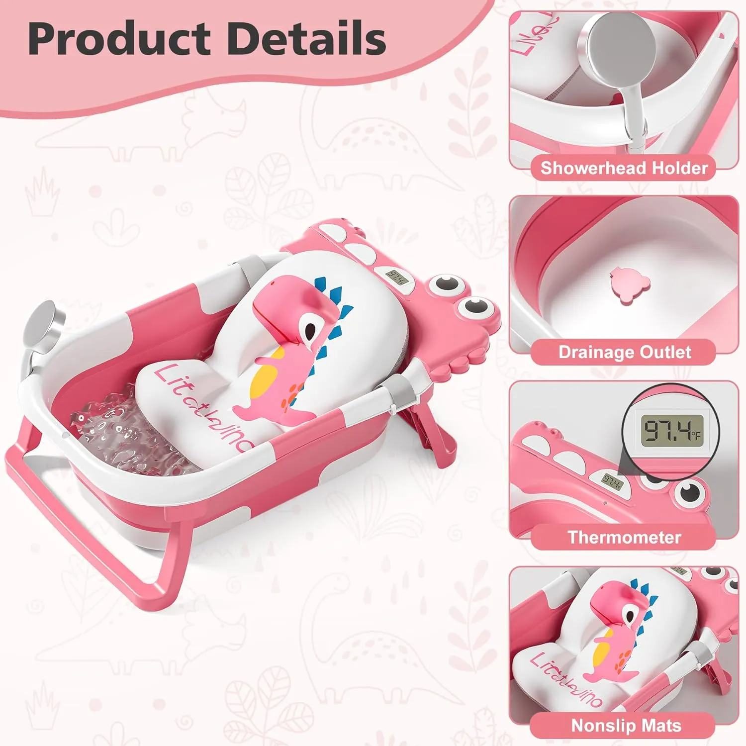Collapsible Baby Bathtub for Newborn, Foldable Baby Bath Tub with Thermometer & Soft Floating Cushion & Drain Hole, Portable Travel Infant Bath Tubs for Newborns to Toddler 0-36 Months Girl, Pink
