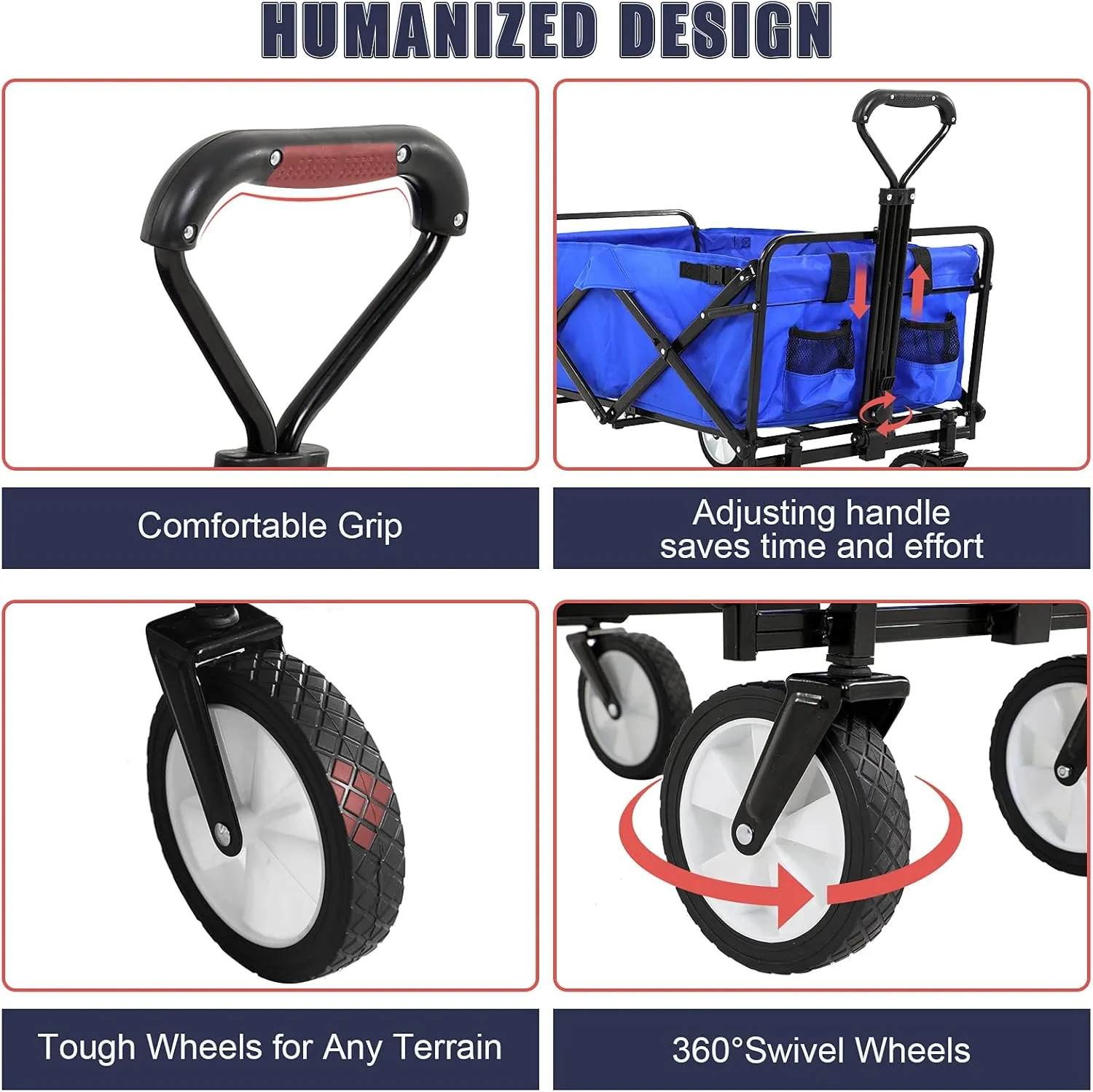 Collapsible Wagon Cart Foldable, Utility Garden Wagon with 330 LBS Weight Capacity, Portable Heavy Duty Folding Wagons for Outdoor, Camping, Grocery and Sports, Blue