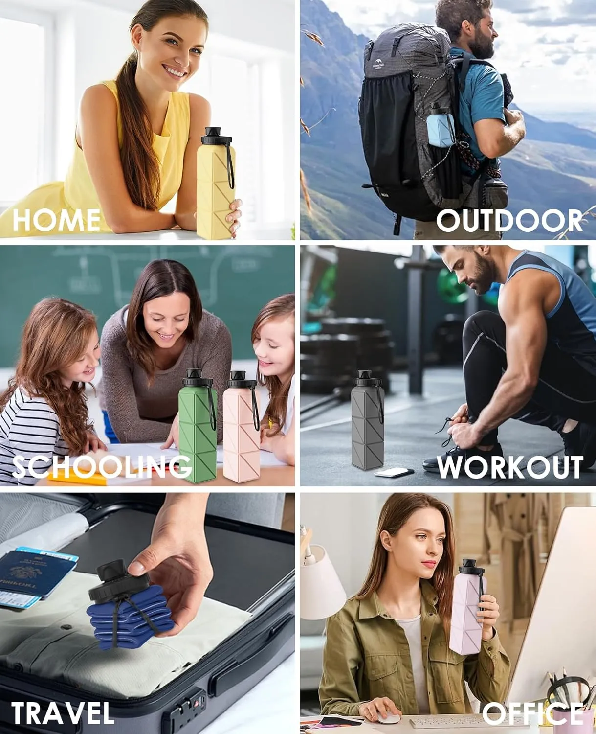 Collapsible Water Bottles, 6 Pack BPA-Free Leak-Proof Silicone Foldable Water Bottle Cup, Durable Lightweight Bottle for Gym Travel Camping Hiking Running Sport