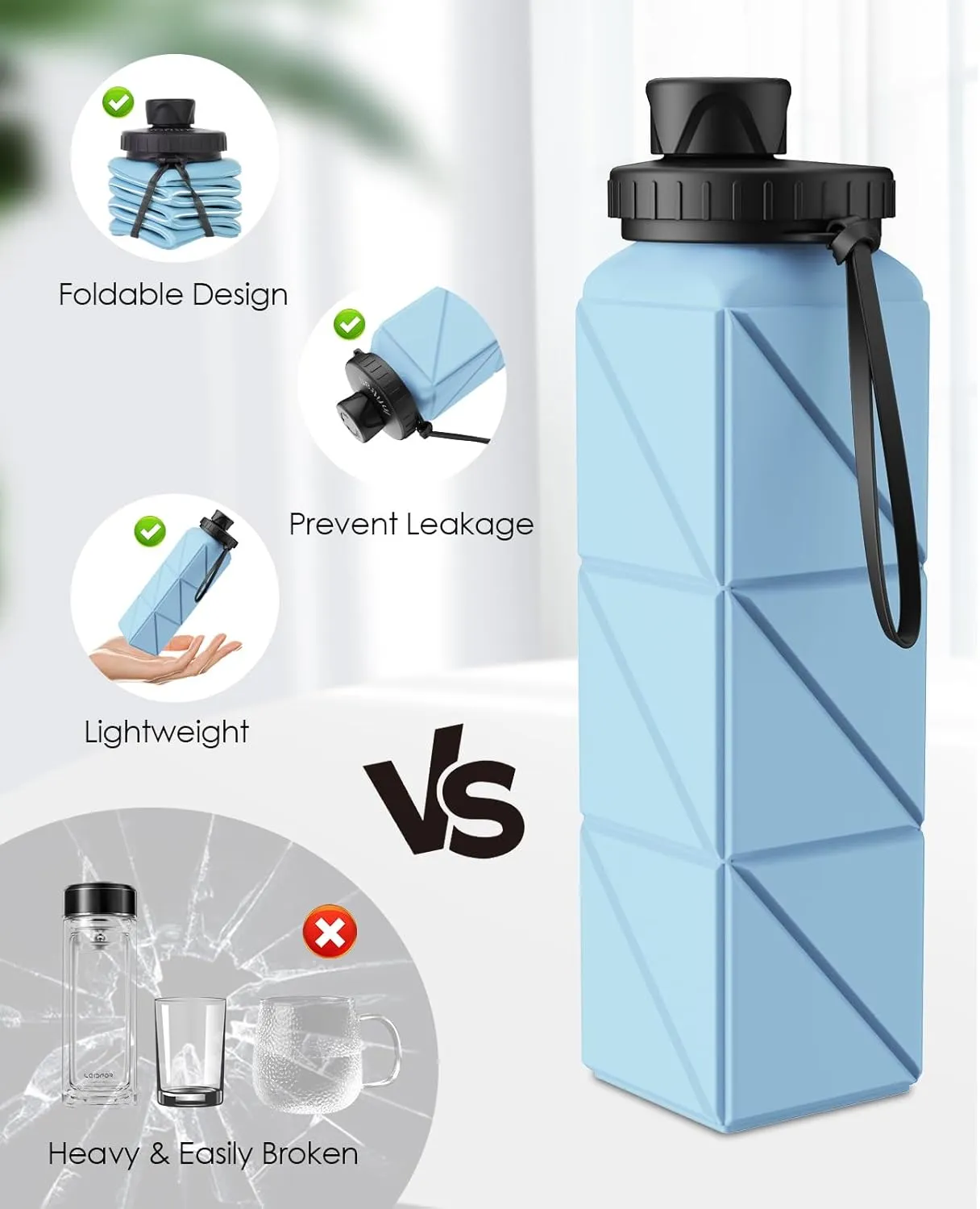Collapsible Water Bottles, 6 Pack BPA-Free Leak-Proof Silicone Foldable Water Bottle Cup, Durable Lightweight Bottle for Gym Travel Camping Hiking Running Sport