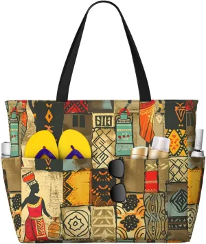 Colorful African Women Beach Bag Egyptian Ethnic Pool Bag for Women Waterproof Large Travel Tote with Zipper Organizer for Swimming Vacation Essentials