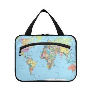 Colorful World Map with Turquoise Ocean Background 1 PC Hanging Travel Wash bag with Handles, Portable Makeup Organizer Brush Storage Case Portable Travel Cosmetic with Hook M