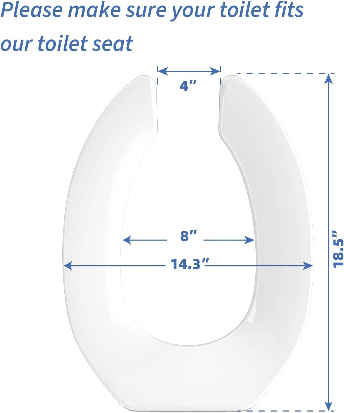 Commercial Heavy Duty Open Front Toilet Seat Without Cover, Thickened Material, Never Loosen, ELONGATED, White (18.5”), 1-Pack