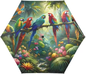 Compact Umbrella, Compact Size for Women Backpacks/Handbags, Travel Umbrellas for Sun, Tropical Flowers Parrots