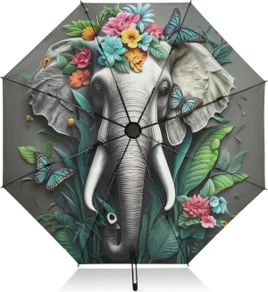 Compact Umbrella, Windproof Umbrella for Rain, Automatic Open/close, Compact Size for Women Backpacks/Handbags, Elephant Flowers Butterflies Gray