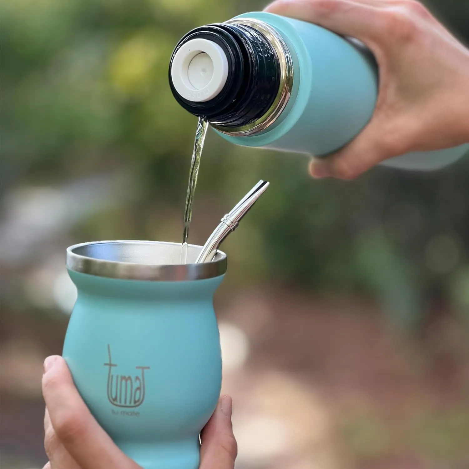 Complete Yerba Mate Kit - Includes Mate Cup, Straw (Bombilla), 750ml Thermos, Bag and two gifts (Container Yerbero and Car Immersion Heater) - Stainless Steel Yerba Mate Set (Celeste)