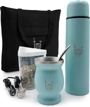 Complete Yerba Mate Kit - Includes Mate Cup, Straw (Bombilla), 750ml Thermos, Bag and two gifts (Container Yerbero and Car Immersion Heater) - Stainless Steel Yerba Mate Set (Celeste)