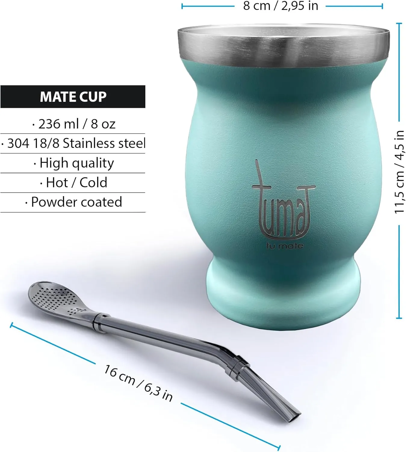 Complete Yerba Mate Kit - Includes Mate Cup, Straw (Bombilla), 750ml Thermos, Bag and two gifts (Container Yerbero and Car Immersion Heater) - Stainless Steel Yerba Mate Set (Celeste)