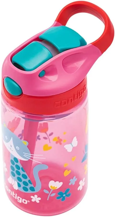 Contigo Gizmo Flip Autospout Kids Water Bottle with Flip Straw, BPA Free Drinks Bottle for Children, Leakproof Flask, Ideal for School and Sports, 420 ml, Cherry with Cat
