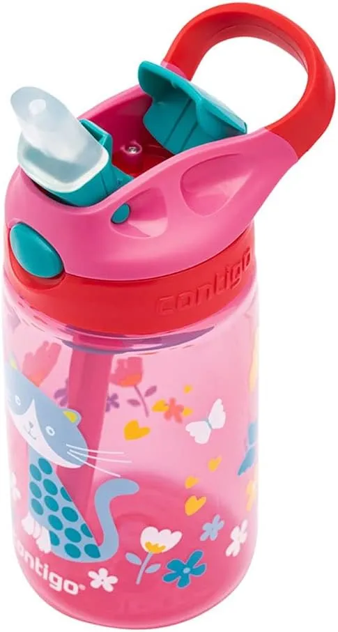 Contigo Gizmo Flip Autospout Kids Water Bottle with Flip Straw, BPA Free Drinks Bottle for Children, Leakproof Flask, Ideal for School and Sports, 420 ml, Cherry with Cat