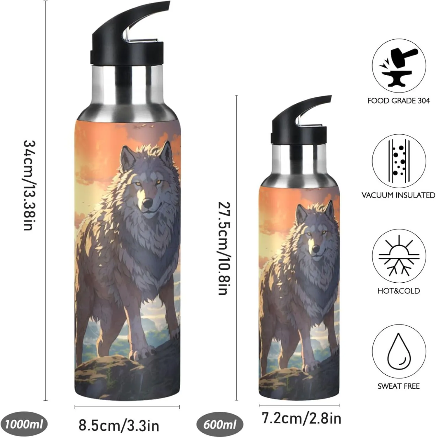 Cool White Wolf Sport Water Bottle Insulated Stainless Steel Large Vacuum Flask Leak Proof Thermos with Straw for Travel(600ml/1000ml)
