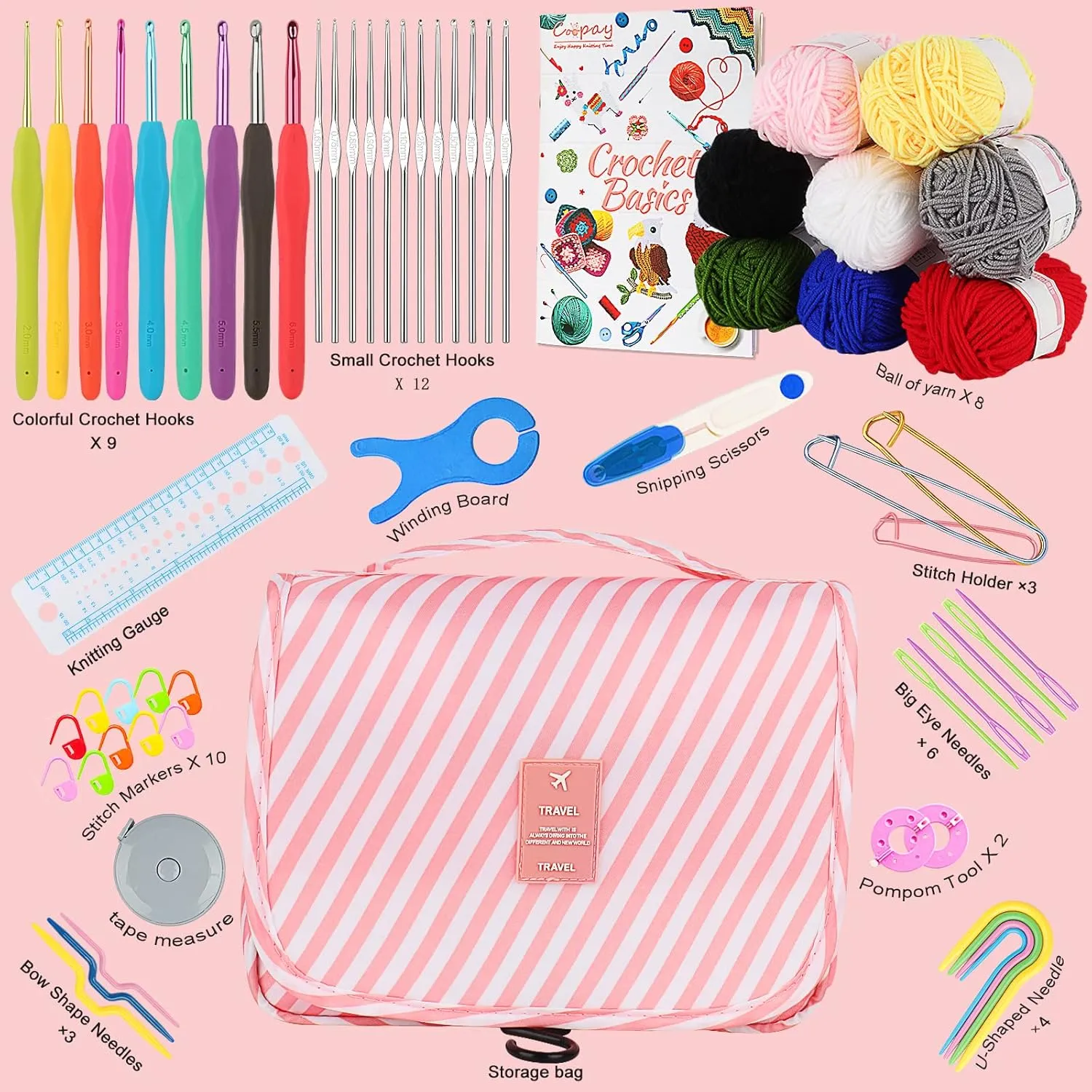 Coopay 63 PCS Crochet Kit, Upgraded Hanging Crochet Set with Case & Yarn for Crocheting, Crochet Hook Set for Beginners Crochet Hook Kit with Crochet Book, Crochet Hooks, Knitting & Crochet Supplies