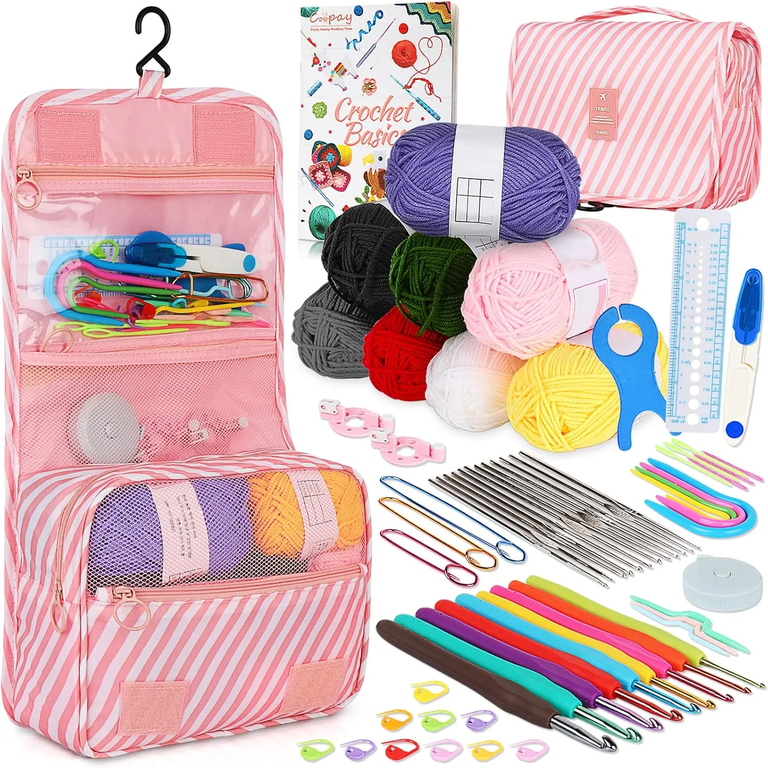 Coopay 63 PCS Crochet Kit, Upgraded Hanging Crochet Set with Case & Yarn for Crocheting, Crochet Hook Set for Beginners Crochet Hook Kit with Crochet Book, Crochet Hooks, Knitting & Crochet Supplies