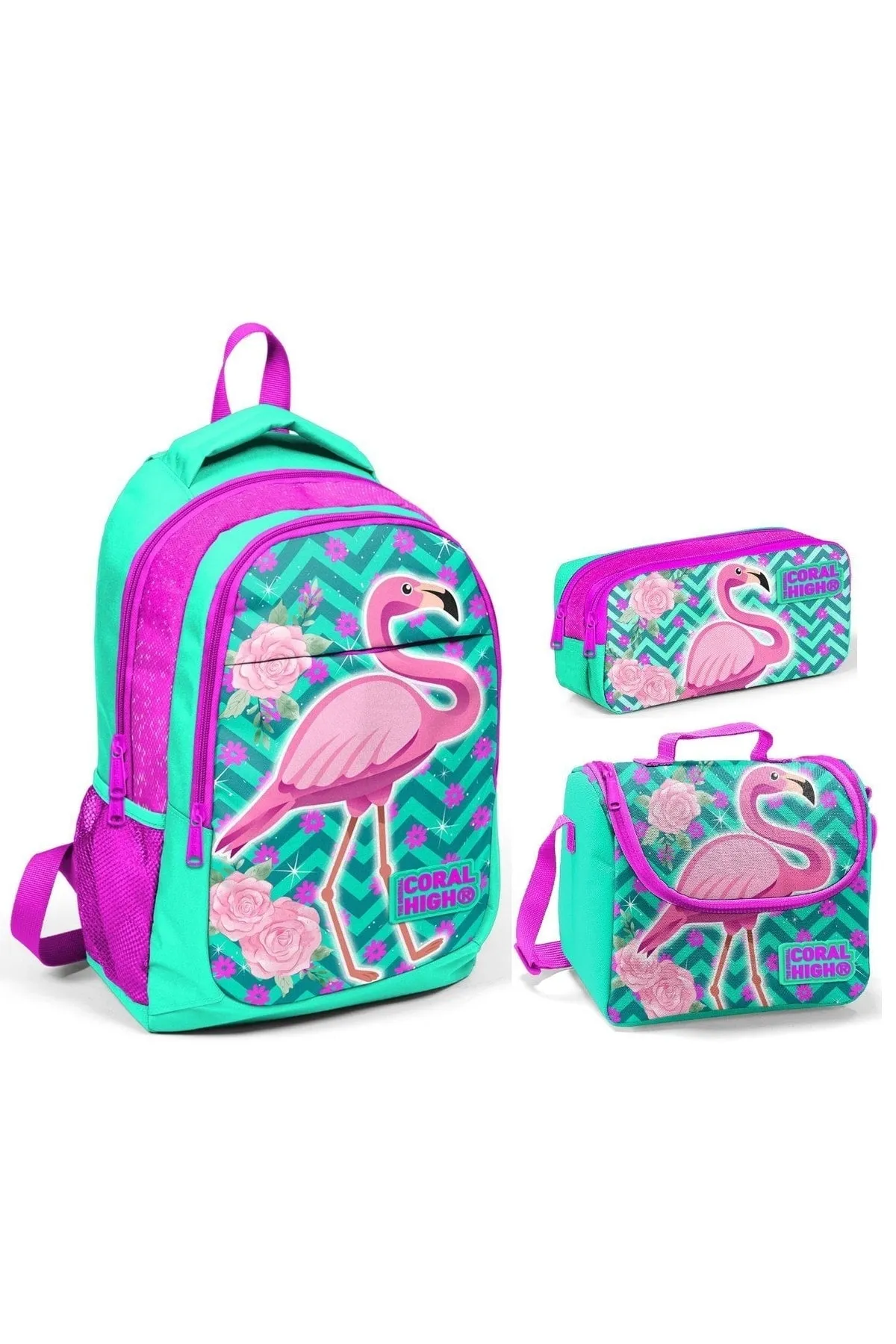 Coral High Green Flamingo Girls' Primary School Bag Set - Backpack food pencil holder