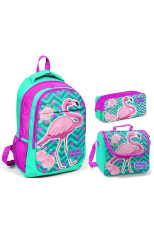 Coral High Green Flamingo Girls' Primary School Bag Set - Backpack food pencil holder