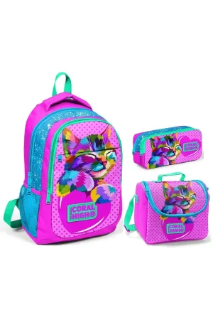Coral High Pink Cat Girl Primary School Bag Set - Backpack nutrition pencil holder