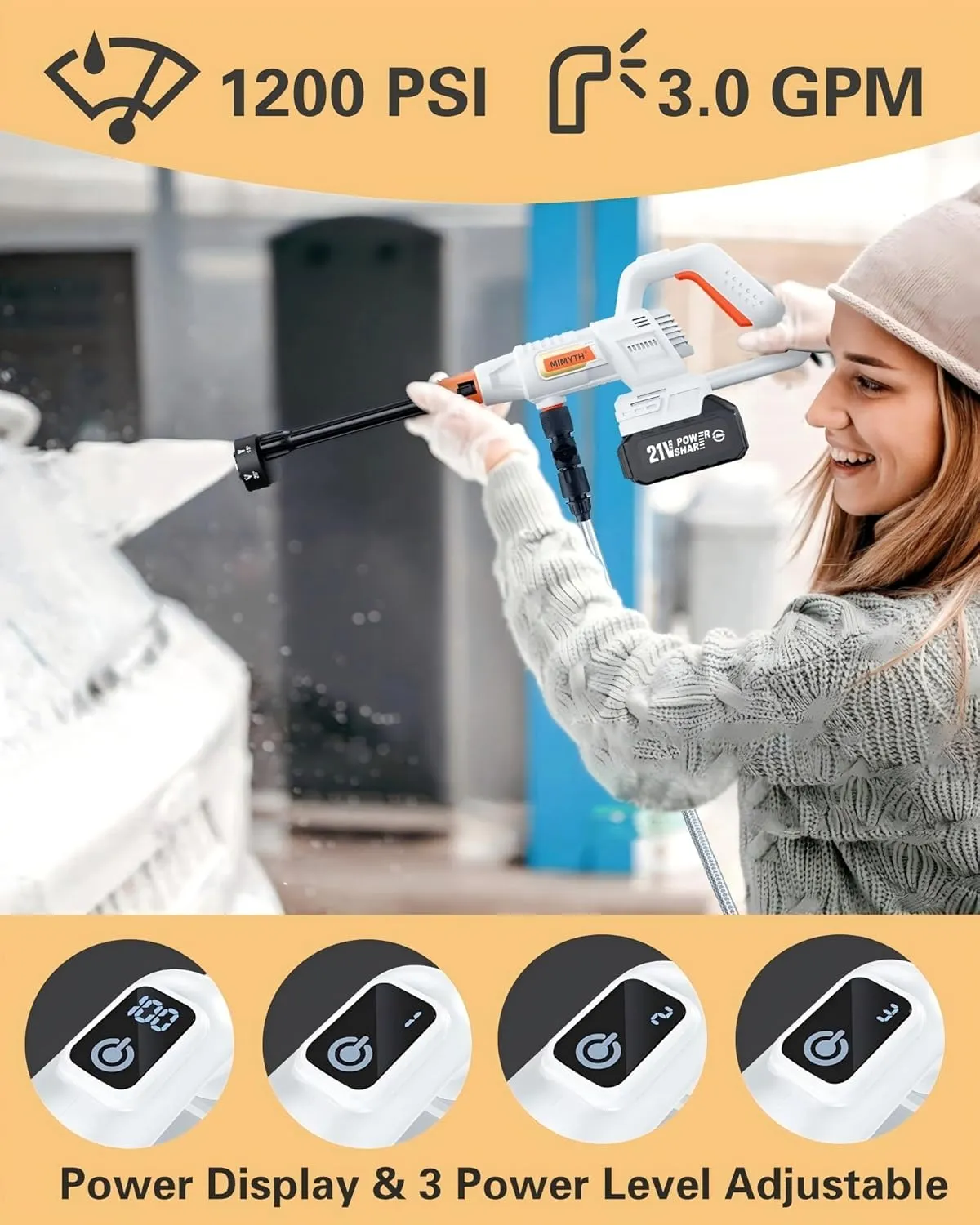 Cordless Pressure Washer Battery Powered; 1200PSI Cordless Power Washer with Brushless Motor, 4.0Ah Battery,6-in-1 Nozzle, 3 Power Level Adjustable; Handheld Portable Pressure Washer Cordless for Cars