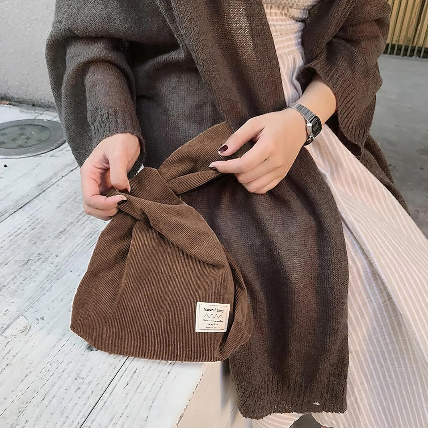 Corduroy Wristlet Wallet for Women Portable Wrist Bag Sleeve-Knot-Pouch (Very Small Size)