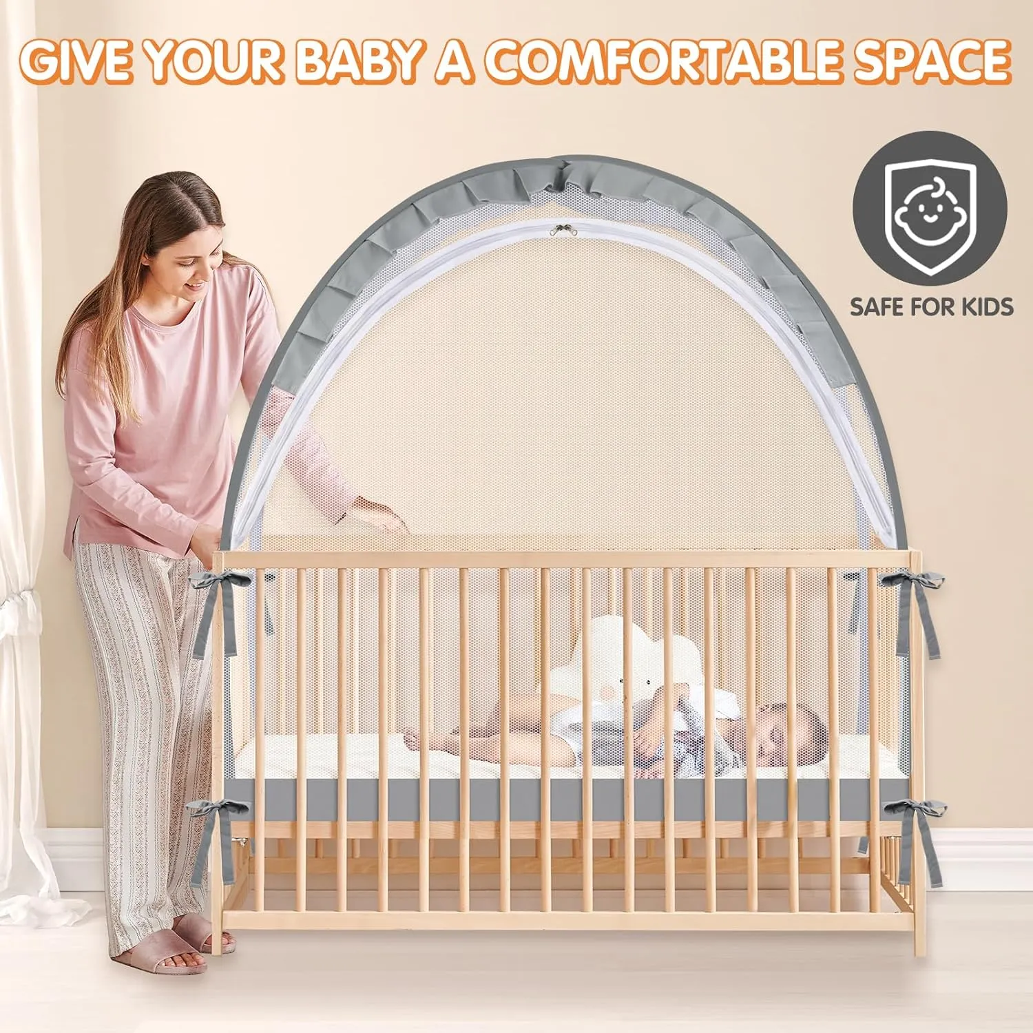 Crib Tent to Keep Baby from Climbing Out - Crib Net to Keep Baby in - Pop Up Breathable Cribs Cover - Canopy with Upgrade Strong Mesh and Durable Zipper (Grey, Lager)