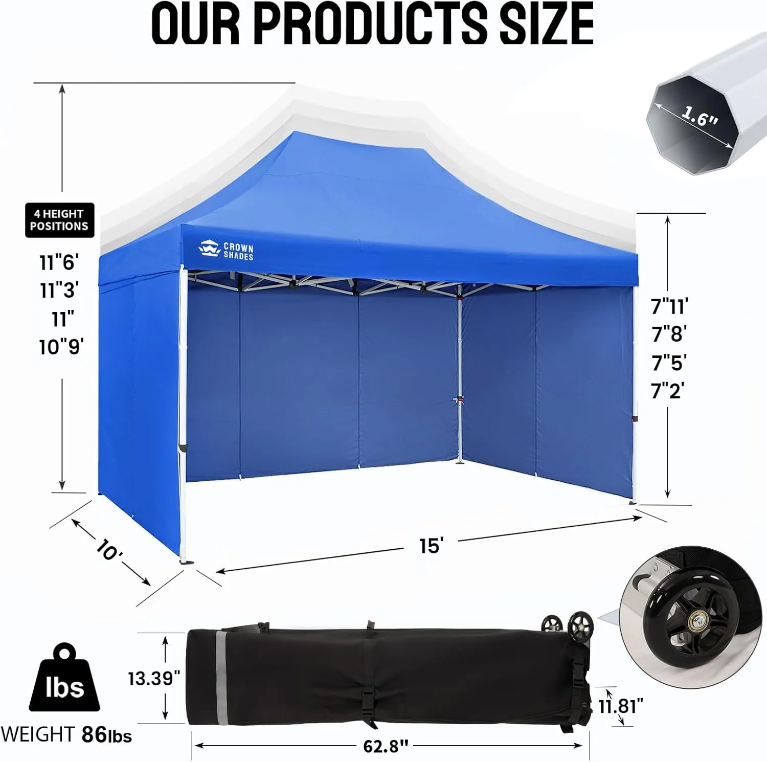 CROWN SHADES 10x15 Pop Up Canopy Tent, Thicken Frame Commercial Heavy Duty Tent, with 4 Sidewalls 8 Stakes & 4 Sandbags & 4 Ropes, Outdoor Canopies for Events, Parties,Blue