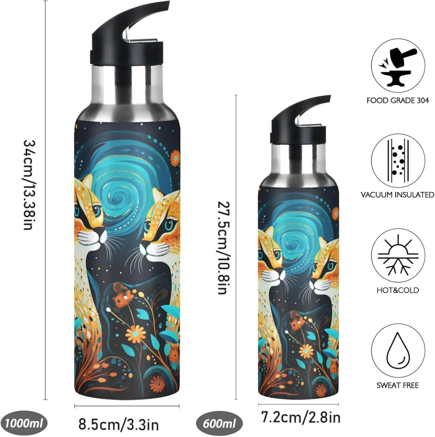 Cute Artwork Cheetahs Sport Water Bottle Insulated Stainless Steel Large Vacuum Flask Leak Proof Thermos with Straw for Travel(600ml/1000ml)