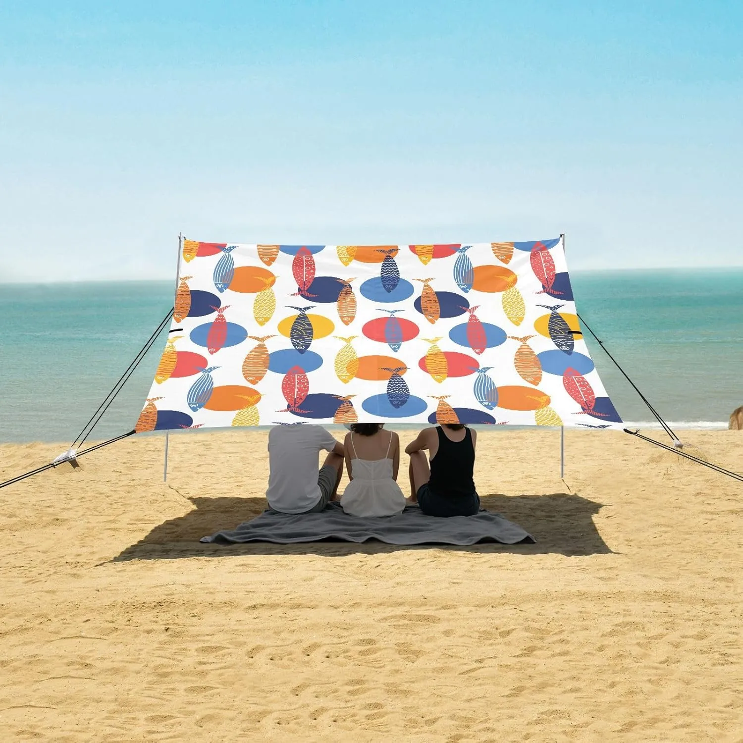 Cute Fish and Polka Dots Beach Canopy Tent Anti-UV & Wind Resistant, Camping Sun Shelter Easy Setup Portable,Outdoor Shade Tents with Sandbags,Sand Shovels,Ground Pegs & Stability Poles