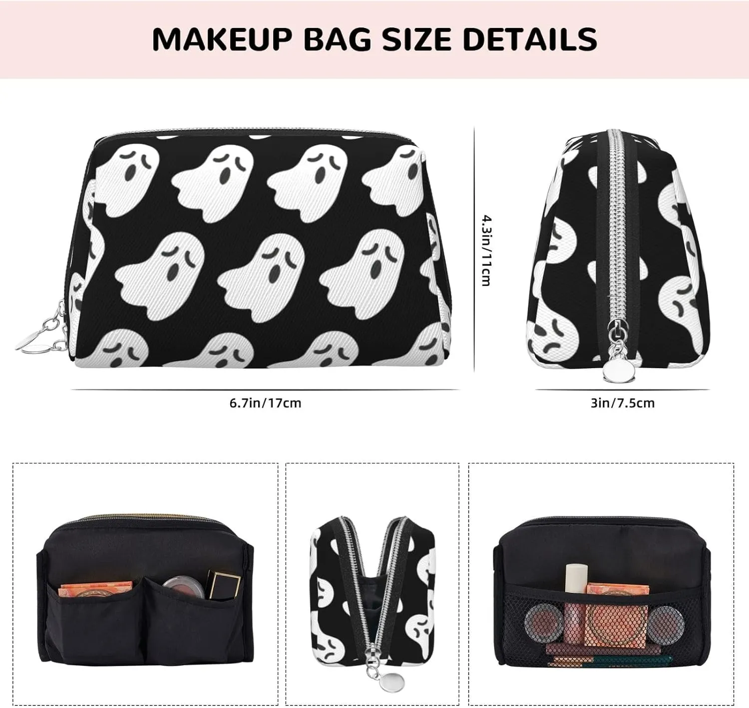 Cute White Ghost Halloween Pattern Travel-Ready Toiletry Bag, Compact Makeup Organizer For Women